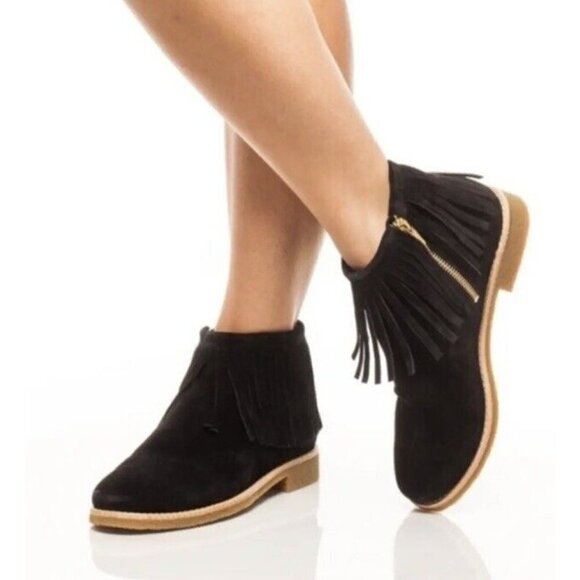 Kate Spade Ankle Boot 8 Betsie Too Suede Fringed Black Booties Womens Zip Up - Picture 1 of 14